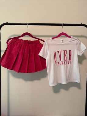 SHEIN White Tee & Bright Pink Pleated Skirt Kids Matching Set